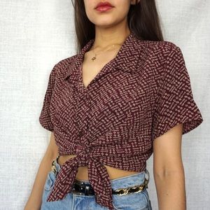 Retro Abstract Short Sleeve Button Up Blouse